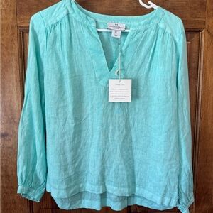 Halston Heritage Aqua Linen Split V-Neck Tunic Top